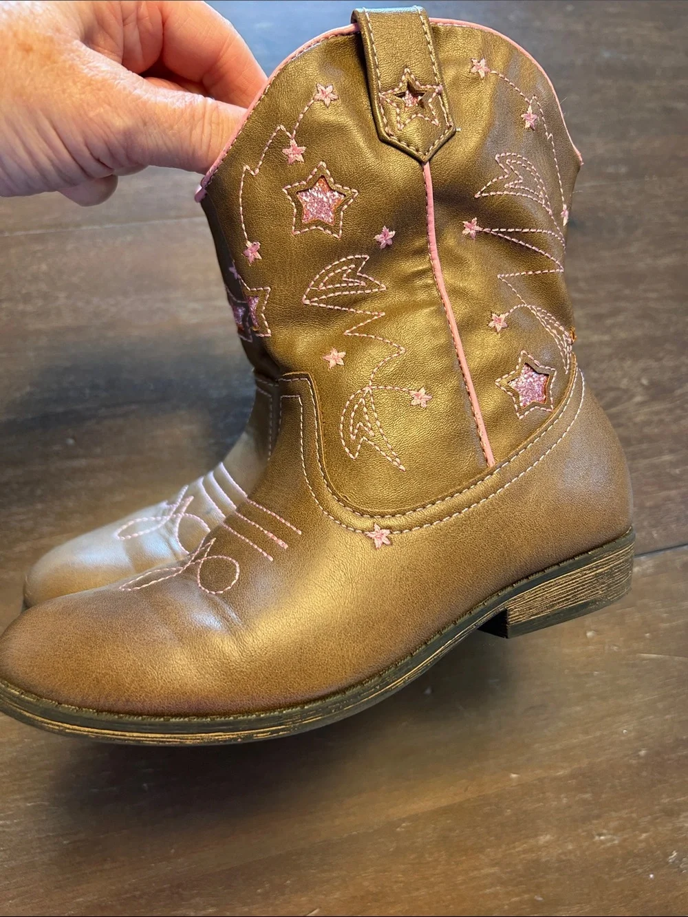 Wonder Nation Brown Faux Leather with Pink Glitter Stars Cowboy Boots